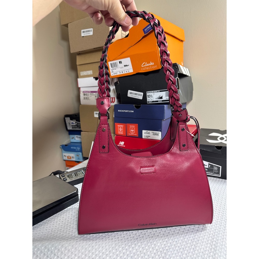 Calvin Klein Shelly Satchel Shoulder Bag Berry Red Leather Braided Handle NWT